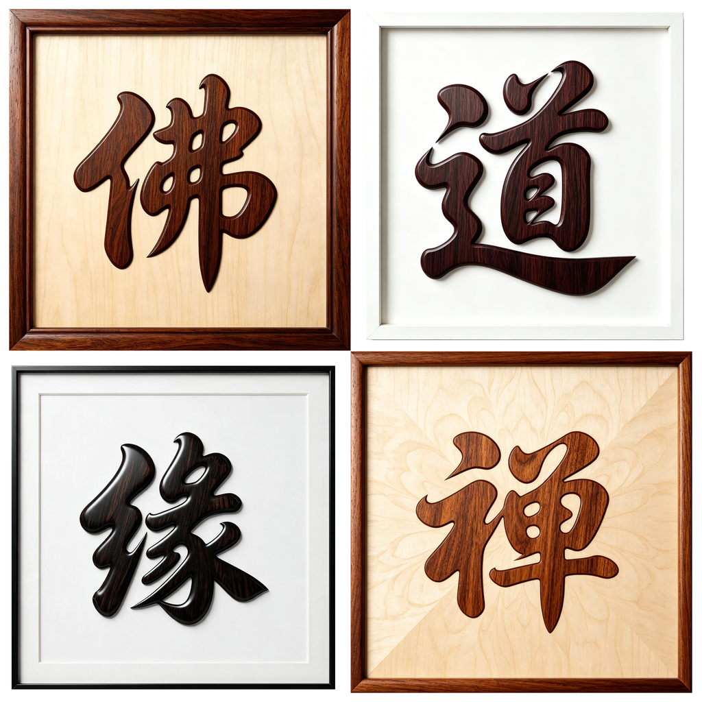 Dao Yuan Zen Fo 4 Chinese Calligraphy Redwood Laser Cut Bundle, Single Board No Assembly, Multi-Size A2 A3 A4 US Letter 12x12in SVG DXF PDF CNC Digital Cutting File Pack