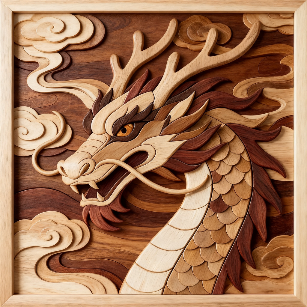 Chinese Dragon Intarsia Wood Inlay Pattern, Multi-Size A2 A3 A4 PDF SVG DXF Laser CNC Scroll Saw Cutting Digital Plans, 100-Piece Oriental Dragon Wood Mosaic Template