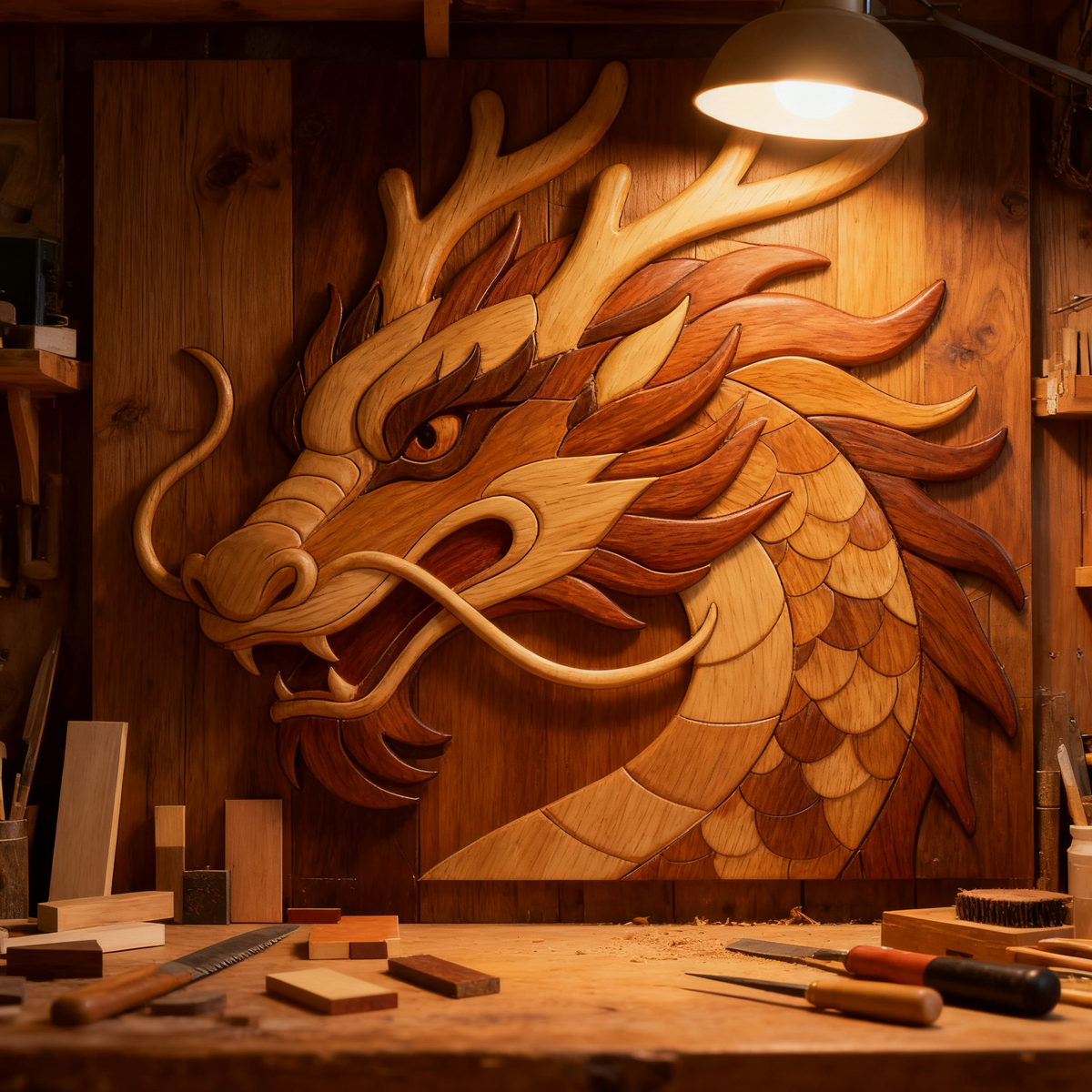 Chinese Dragon Intarsia Wood Inlay Pattern, Multi-Size A2 A3 A4 PDF SVG DXF Laser CNC Scroll Saw Cutting Digital Plans, 100-Piece Oriental Dragon Wood Mosaic Template