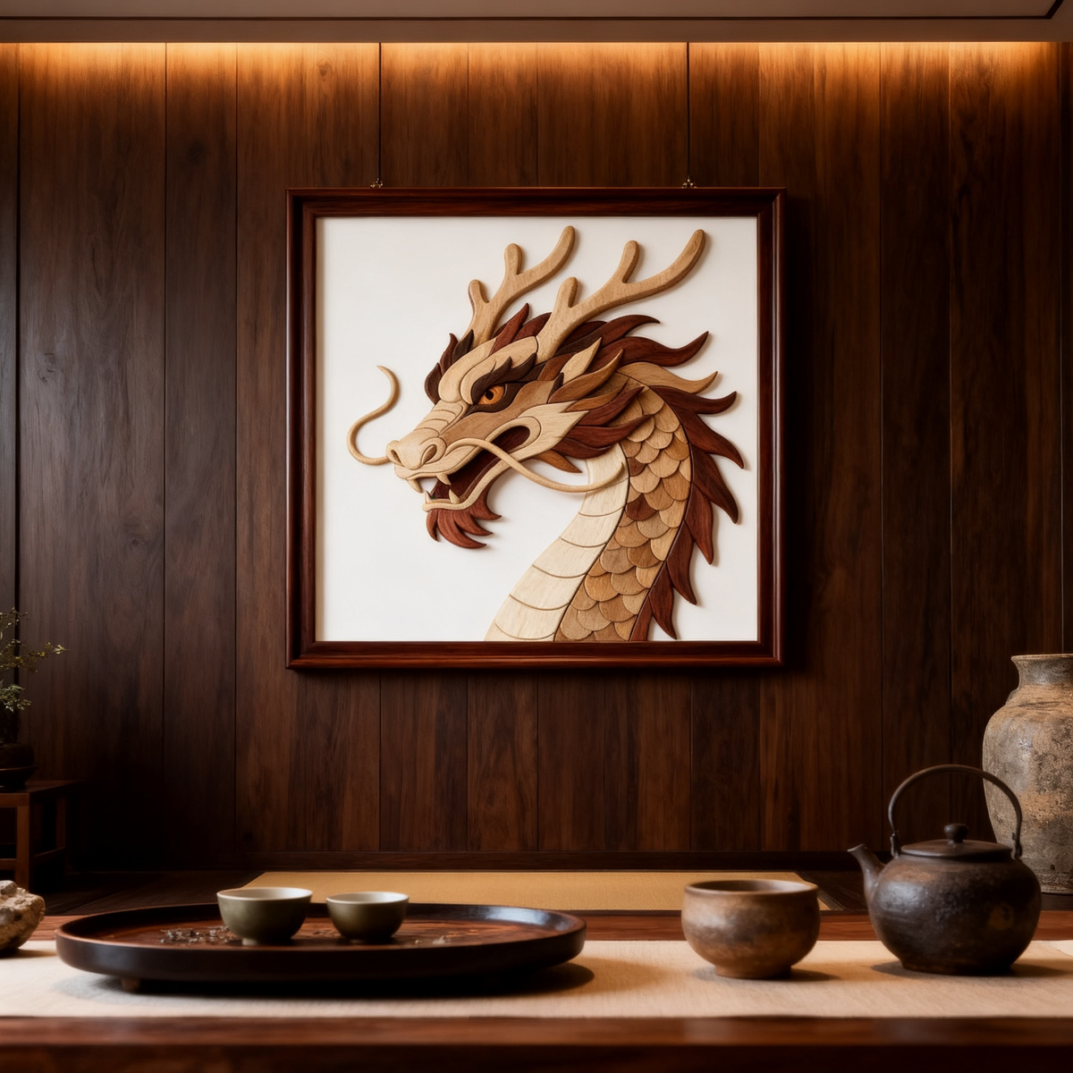 Chinese Dragon Intarsia Wood Inlay Pattern, Multi-Size A2 A3 A4 PDF SVG DXF Laser CNC Scroll Saw Cutting Digital Plans, 100-Piece Oriental Dragon Wood Mosaic Template