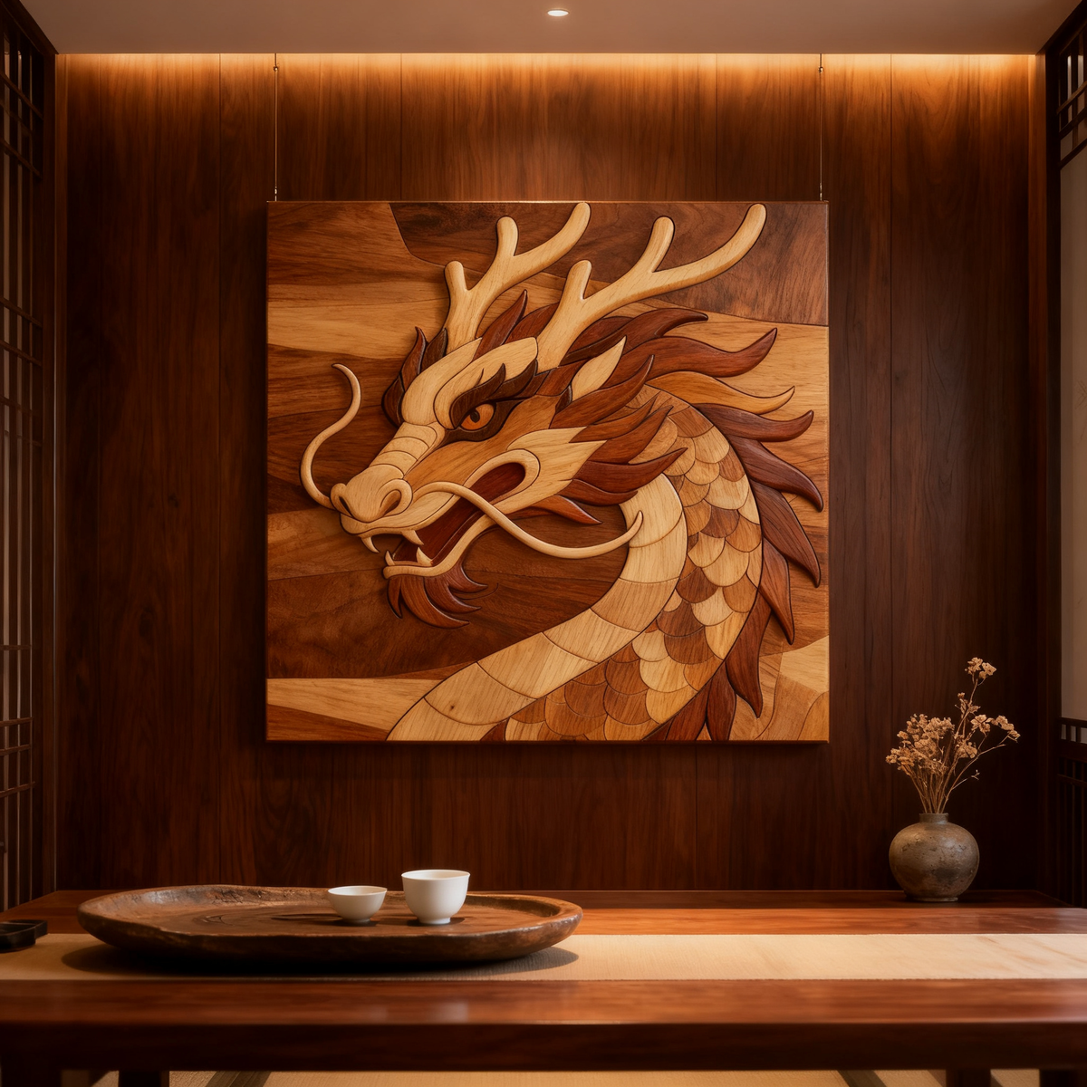 Chinese Dragon Intarsia Wood Inlay Pattern, Multi-Size A2 A3 A4 PDF SVG DXF Laser CNC Scroll Saw Cutting Digital Plans, 100-Piece Oriental Dragon Wood Mosaic Template