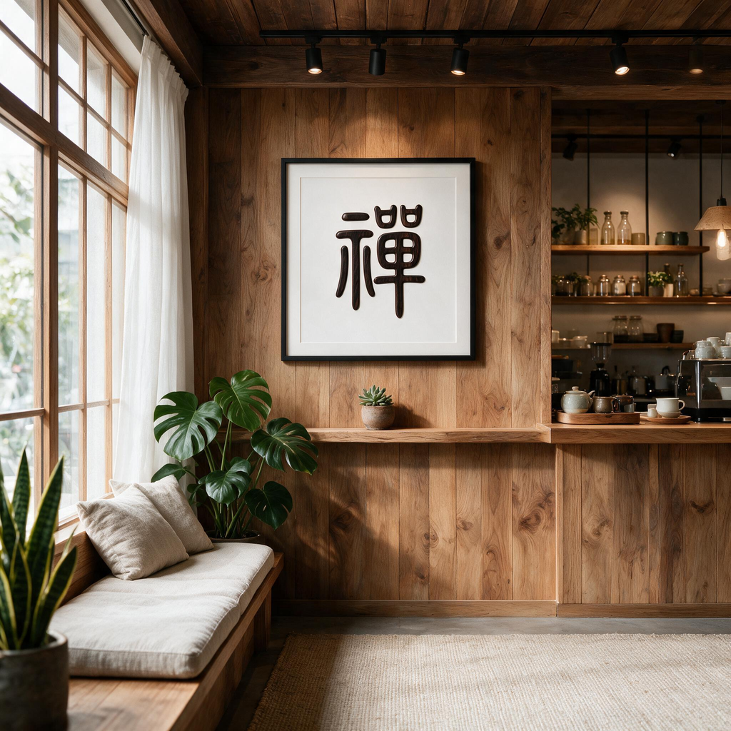 Chan Zen Chinese Calligraphy Redwood Single Board Laser Cut Pattern, Multi-Size A2 A3 A4 US Letter 12x12in SVG DXF CNC Digital Cutting File, No Assembly Oriental Spiritual Wood Sign Template