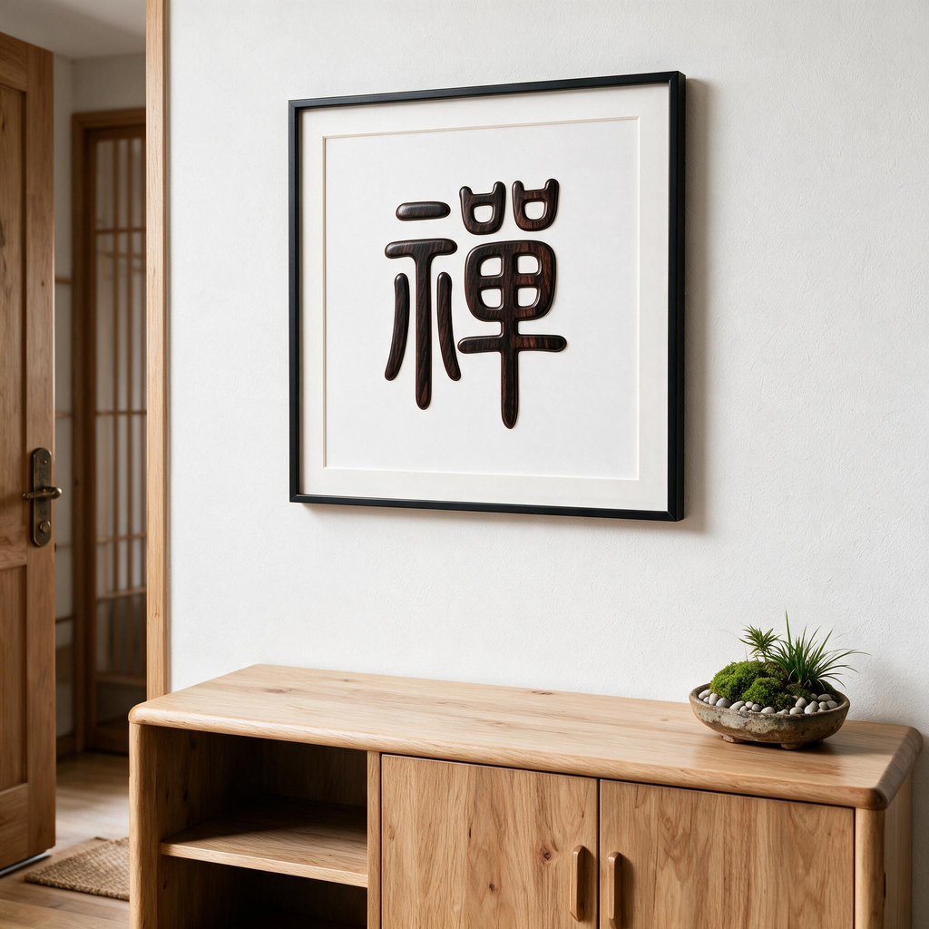 Chan Zen Chinese Calligraphy Redwood Single Board Laser Cut Pattern, Multi-Size A2 A3 A4 US Letter 12x12in SVG DXF CNC Digital Cutting File, No Assembly Oriental Spiritual Wood Sign Template