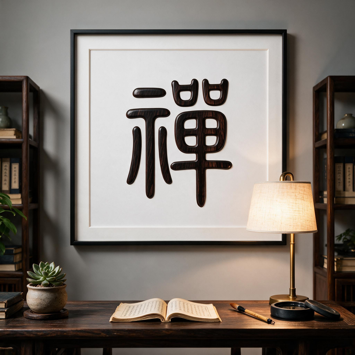 Chan Zen Chinese Calligraphy Redwood Single Board Laser Cut Pattern, Multi-Size A2 A3 A4 US Letter 12x12in SVG DXF CNC Digital Cutting File, No Assembly Oriental Spiritual Wood Sign Template