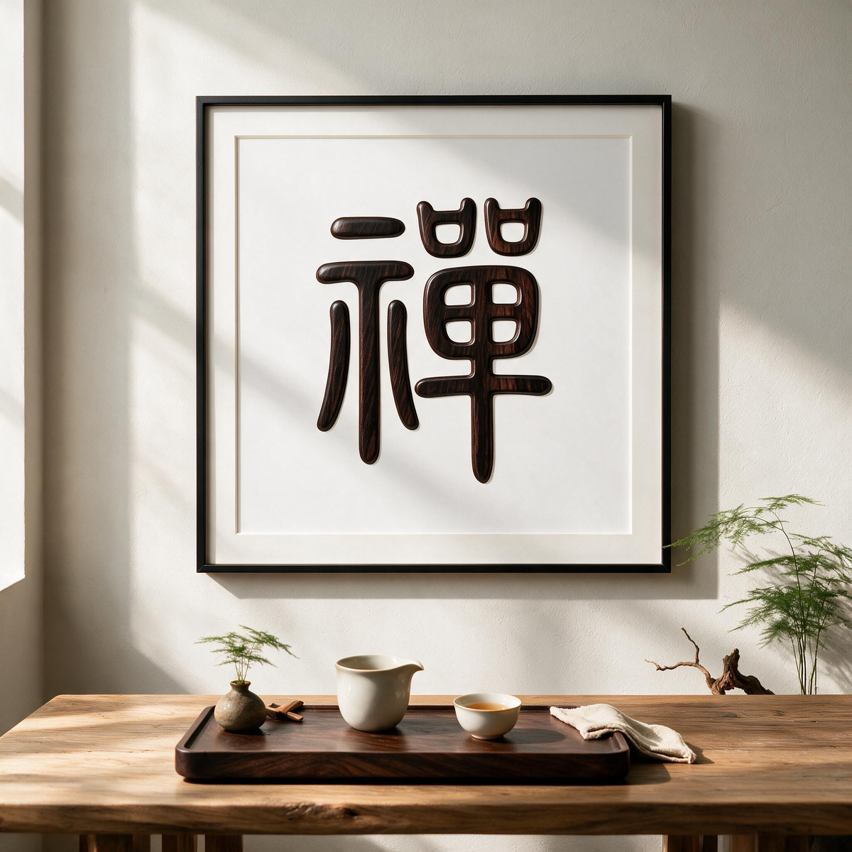 Chan Zen Chinese Calligraphy Redwood Single Board Laser Cut Pattern, Multi-Size A2 A3 A4 US Letter 12x12in SVG DXF CNC Digital Cutting File, No Assembly Oriental Spiritual Wood Sign Template